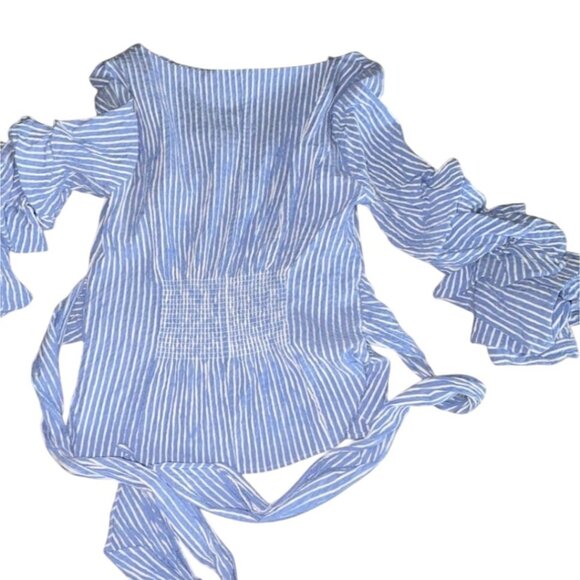 White House Black Market Blue & White Stripe Seersucker Ruffle Sleeve Blouse-Siz - Picture 7 of 8